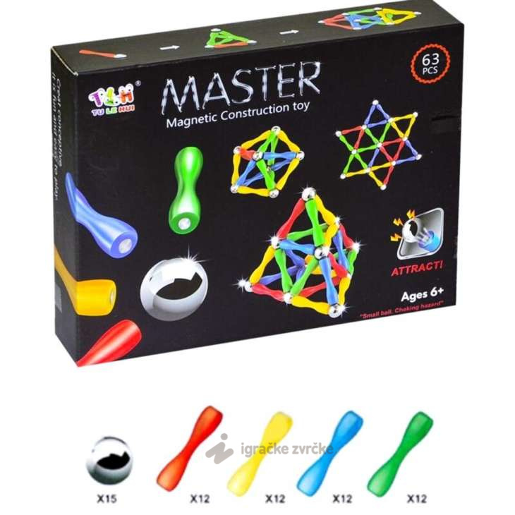 Magnetni štapići sa kuglicama za decu (63kom)